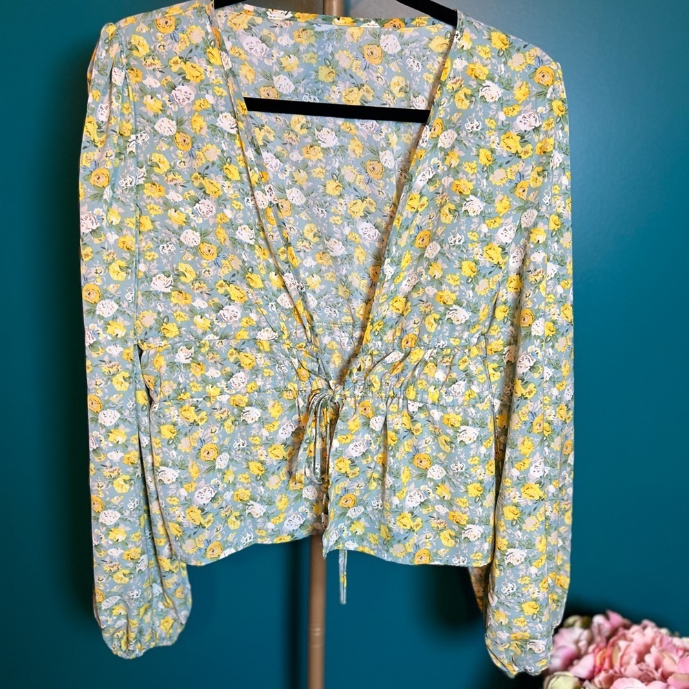 Yellow and Blue Tie Front Long Sleeve Blouse